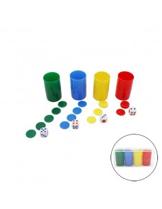 Pack 4 cubiletes con fichas de parchís y dados