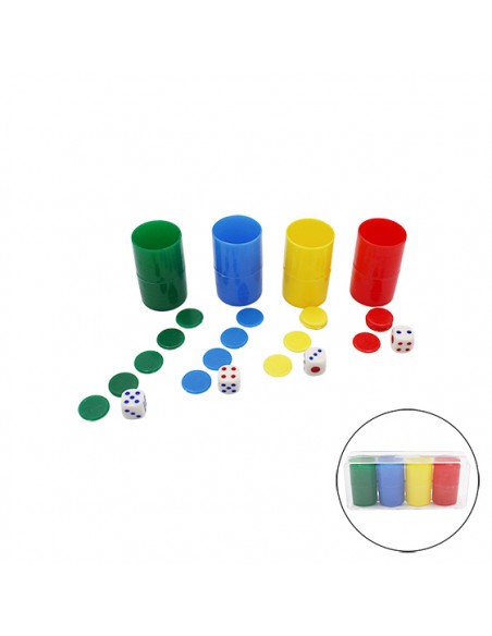 Pack 4 cubiletes con fichas de parchís y dados